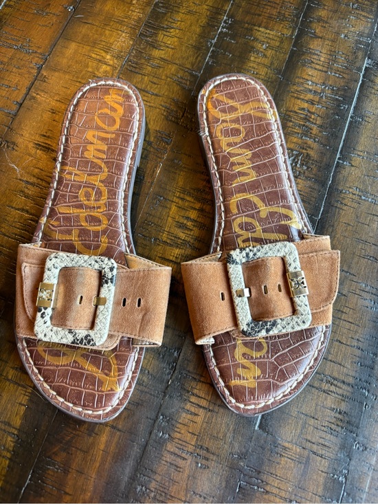 Sam Edelman Shoes - Sam Edelman Tan Suede Slide Sandals with Snakeskin Buckles
